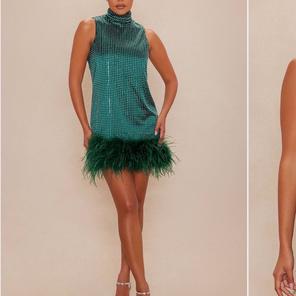 Fashion Nova Luxe Rhinestoned Green Feathered Dress - Picture 3 of 4